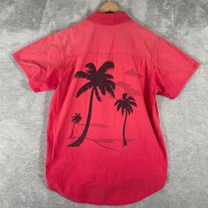 Vintage Corum Van Heusen Palm Tree Button Shirt Mens Small Red 90s Vacation